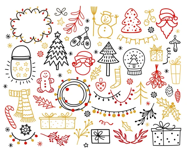 Grande set di elementi di design natalizio in stile doodle. Illustrazione vettoriale vacanza invernale — Vettoriale Stock