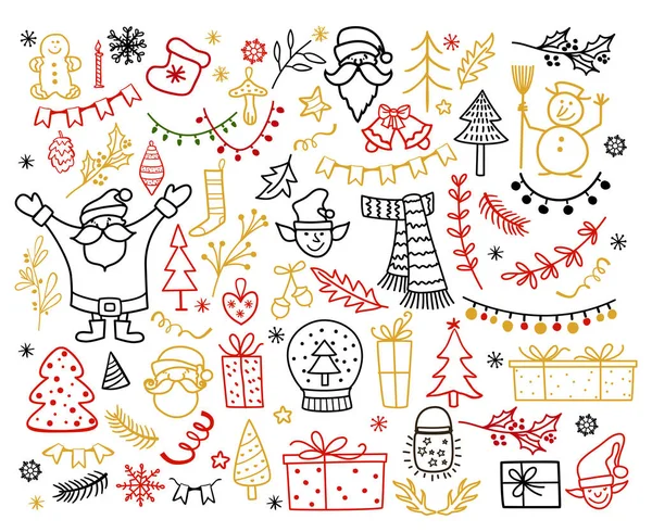 Grande set di elementi di design natalizio in stile doodle. Illustrazione vettoriale vacanza invernale — Vettoriale Stock