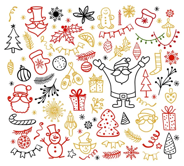 Big set of Christmas design element in doodle style. Winter holiday vector illustration — Stock Vector