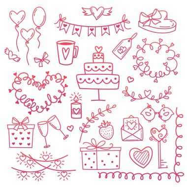 Düğün, Sevgililer günü kartı s, etiket, pul tasarımı için elle çizilmiş doodle aşk öğeleri kümesi. Kalp, sevgi, konuşma balonu, ok, metin yazı ile vektör çizim. Elle çizilmiş kroki tarzı.
