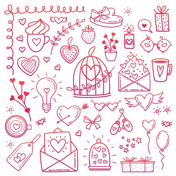 Sketchy vettore disegnato a mano scarabocchi cartone animato set di Amore e San Valentino oggetti e simboli — Vettoriale Stock