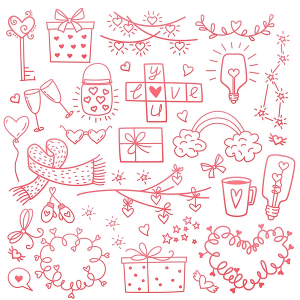 Felice giorno di San Valentino ed elementi di design erbaccia. Illustrazione vettoriale. Sfondo rosa con ornamenti, cuori. Doodles e riccioli. Essere il mio San Valentino . — Vettoriale Stock