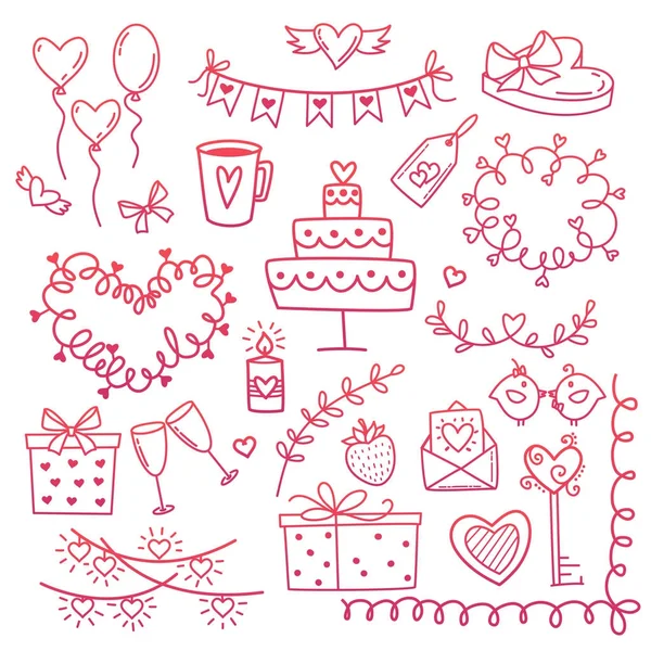 Set of hand drawn doodle love elements for wedding, Valentine s Day card, sticker, stamp design. Vector illustration with heart, love, speech bubble, arrow, lettering text. Hand drawn sketch style. — Stock Vector