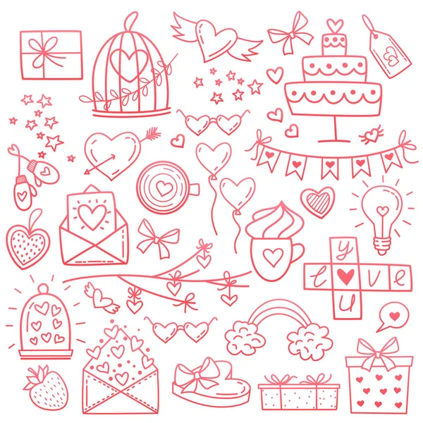 Schetsmatig vector hand getrokken doodles cartoon set van liefde en Valentijn s alledaagse voorwerpen en symbolen — Stockvector