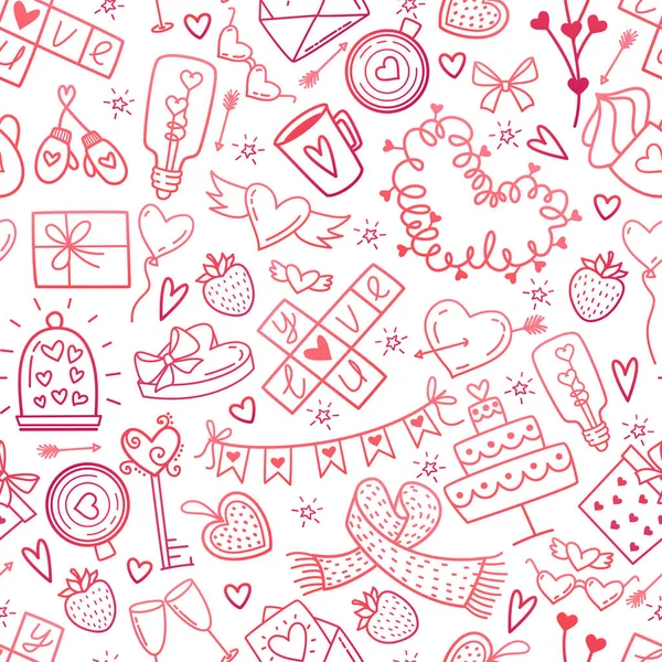 Dag van de Valentijnskaart doodles elementen patroon. Leuke symbolen van liefde, bruiloft, verloving naadloze achtergrond. Rood roze kleurovergang pictogrammen op witte hand getrokken stijl vectorillustratie — Stockvector