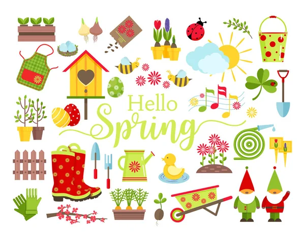 Spring and gardening tools icons set. Planting, growing, caring for garden and decoration elements isolated on white background. Cartoon flat style vector illustration. — Stock Vector