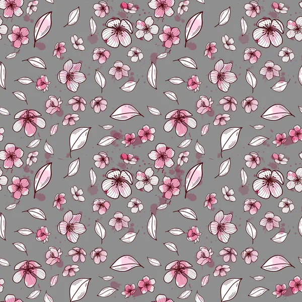 Patrón de fondo sin costuras de flor de Sakura rosa o cerezo de floración japonesa simbólico de primavera en un formato cuadrado de disposición aleatoria adecuado para textiles. — Vector de stock