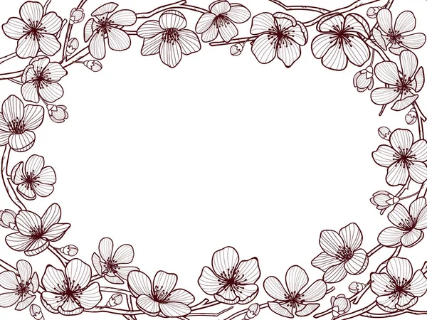 Hand drawm våren adresskortsmallen. Våren blommor och blad på trädgrenar och plats för din text i mitten. Doodle stil vektorillustration. — Stock vektor