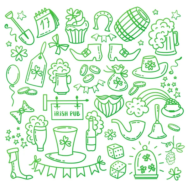 Irish Saint Patrick s Day iconos y elementos aislados sobre fondo blanco. Tradicional mano dibujado símbolos del partido irlandés. Ilustración vectorial estilo Doodle . — Archivo Imágenes Vectoriales