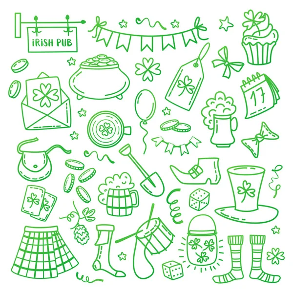 Heiliger Patricks Day Objekte. traditionelle irische Feiertagssymbole Topf mit Goldmünzen, Shamrocks, grünem Hut und Hufeisen isoliert auf weißem Hintergrund. handgezeichnete Doodle-Vektor-Illustration. — Stockvektor