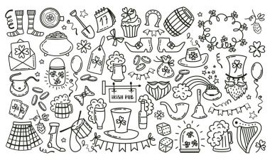 Saint Patricks Day nesneler. Geleneksel İrlandalı tatil sembolleri pot altın sikke, shamrocks, yeşil şapka ve beyaz arka plan üzerinde izole at nalı. Elle çizilmiş doodle stil vektör çizim.