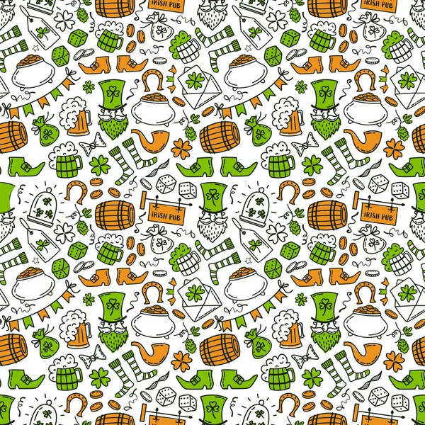 St patrick den irský vzor bezešvé. Holiday symboly - Irská čepice, zelené pivo, podkovy, hrnec s zlaté mince, vlajky na bílém pozadí. Ruky kreslit doodle styl vektorové ilustrace. — Stockový vektor