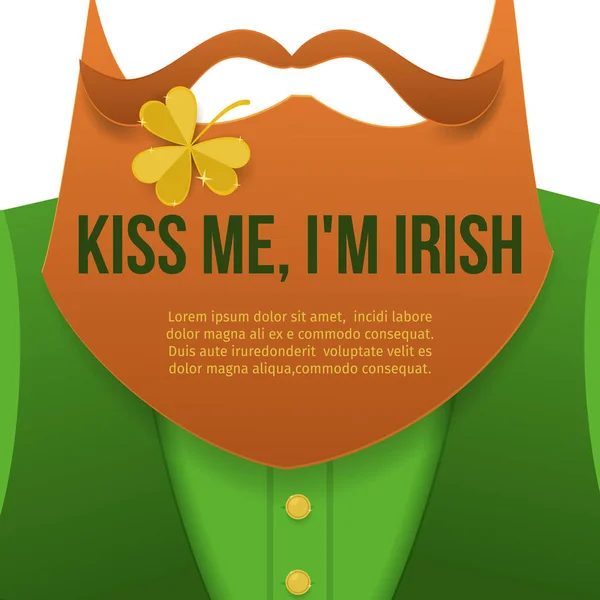 Baciami, im Irlanda.Saint Patrick Day personaggio leprecauno con abito verde, barba rossa, e senza viso.Sfondo per manifesti, inviti, banner web e biglietto di auguri. — Vettoriale Stock