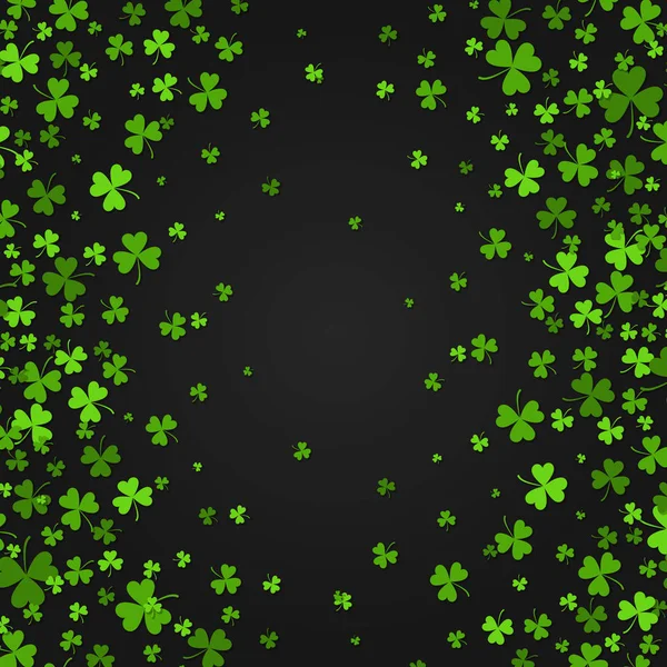 Bordure Saint Patrick s Day avec quatre verts et trèfles à feuilles d'arbre sur fond noir. Illustration vectorielle. Conception d'invitation de fête, modèle typographique. Symboles de chance et de succès . — Image vectorielle