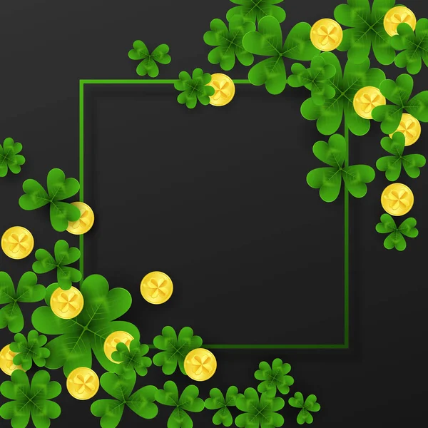 Szent Patrick napja keret-sarok-dekoráció zöld, arany négy és fa négylevelű lóhere, fehér alapon arany érmék. Meghívó sablon. Szerencsés, siker és pénz szimbólumok vektoros illusztráció. — Stock Vector