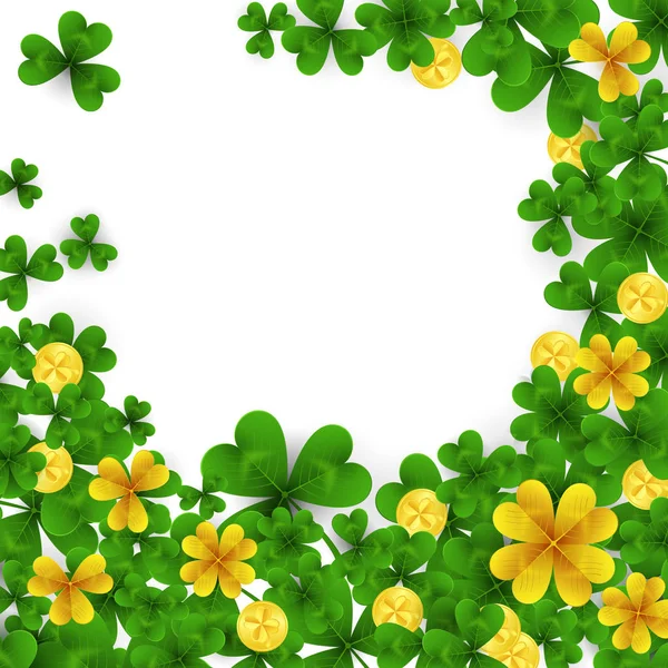 Ημέρα s Saint Patrick κορνίζα με πράσινο και χρυσό τέσσερα και τρία φύλλα τριφύλλια, χρυσά νομίσματα σε άσπρο φόντο. Πρόσκληση σε πάρτι για το πρότυπο. Τυχερός, επιτυχία και τα χρήματα σύμβολα διανυσματικά εικονογράφηση. — Διανυσματικό Αρχείο