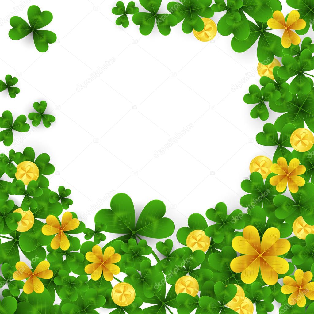 Saint Patrick s Day frame with green and gold four and three Leaf clovers,golden coins on white background. Party invitation template. Lucky,success and money symbols vector illustration.