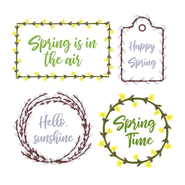 Tavaszi koszorúk és keretek beállítása. Betűk és kerti virágok szezonális dekoráció, meghívók, esküvők, bejelentések és értékesítés. Vektoros illusztráció — Stock Vector