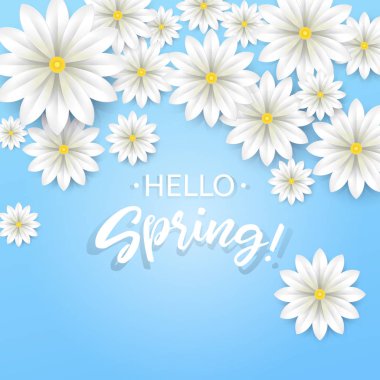 Spring.Hand yazı beyaz çiçekli çerçeve ile Merhaba. Mavi arka plan üzerinde kağıt papatya. Vektör çizim.