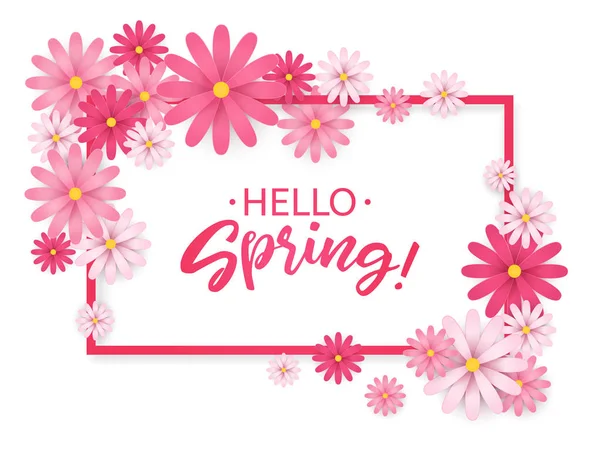 Hello Spring.Hand betűkkel, rózsaszín virágok kerettel. Papír kamilla, fehér háttér. Vektoros illusztráció. — Stock Vector