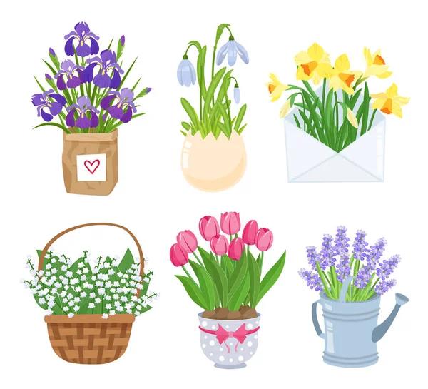 Summer and spring flowers in different funny pots decoration set. Decoration for easter, wedding invitation, Mother s Day stickers isolated on white background. Vector illustration. — Stock Vector