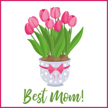 Mutlu anneler günü yazı tebrik ile banner çiçekler. Vektör çizim.