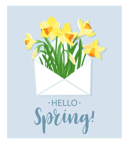 Ciao, Spring. Narcisi gialli in busta bianca e cartolina. Fiori primaverili auguri, inviti, volantino di auguri. Illustrazione vettoriale . — Vettoriale Stock