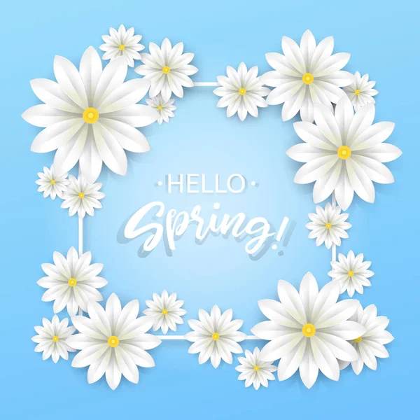 Hello Spring.Lettere a mano con cornice di fiori bianchi.Camomilla di carta su sfondo blu. Illustrazione vettoriale . — Vettoriale Stock