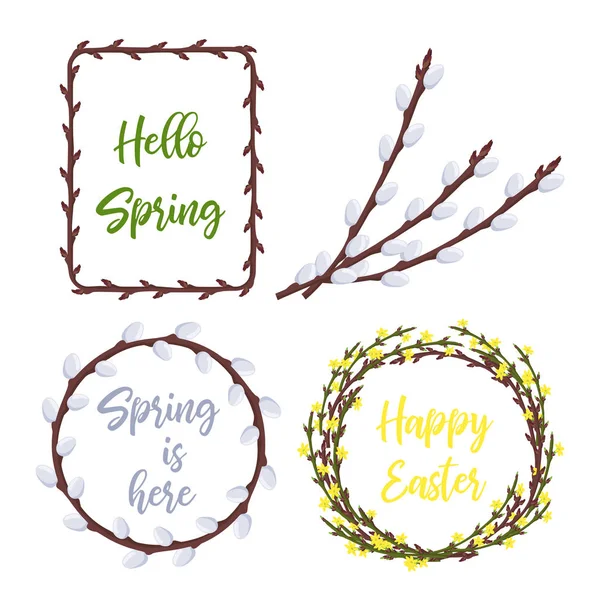 Spring wreaths and frames set.Lettering and garden flowers seasonal decorations for invitations, weddings, announcements and sales. Vector illustration
