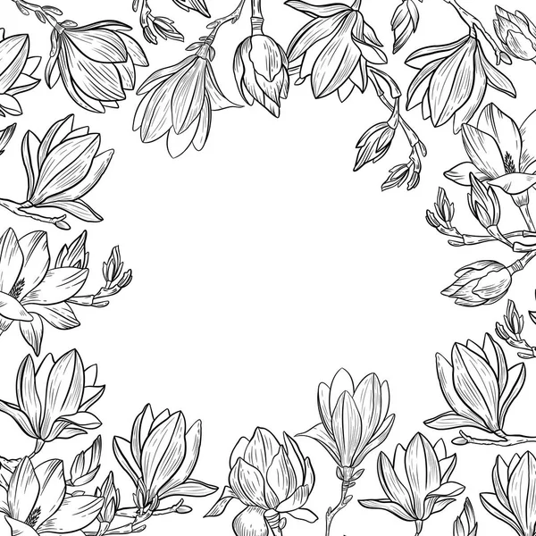 Flores de magnolia y marco de rama floreciente. Fondo romántico de primavera para vacaciones, tarjeta de felicitación o venta de temporada. Ilustración vectorial dibujada a mano . — Vector de stock