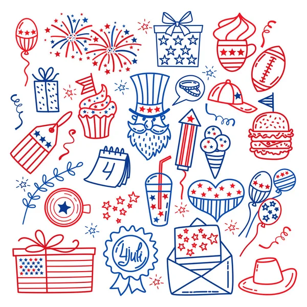 4 de Julho. Ícones do dia da independência dos EUA isolados em fundo branco.Desenhe à mão símbolos tradicionais dos Estados Unidos. Doodle estilo ilustração vetorial —  Vetores de Stock