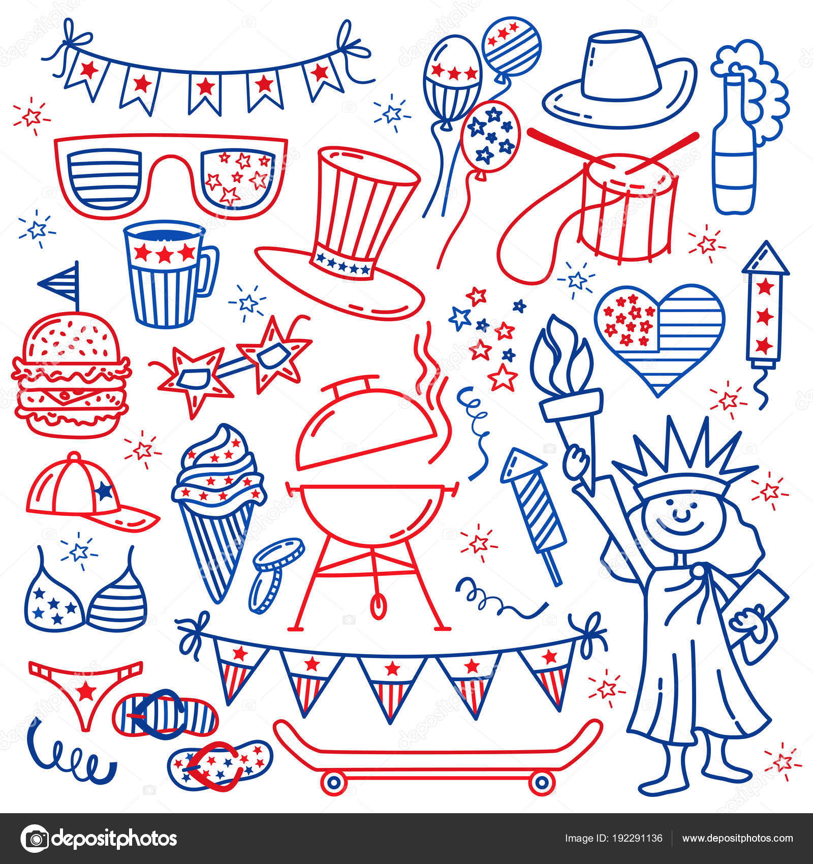 4 July Usa Independence Day Icons Isolated On White Background Hand Draw Traditional United States Symbols Doodle Style Vector Illustration Vector Image By C Teirin Toys Vector Stock 192291136