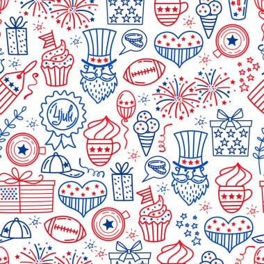 4 Temmuz. ABD Bağımsızlık günü kesintisiz arka plan. El geleneksel Amerika Birleşik Devletleri semboller çizin. Doodle stil vektör çizim