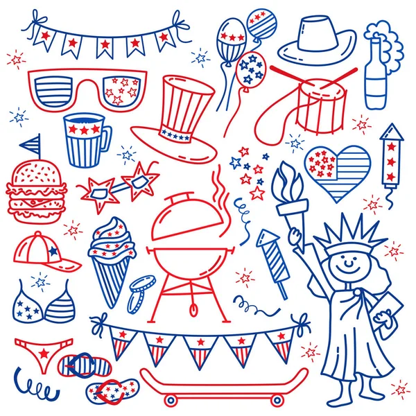 4 de julio. Iconos del día de la independencia de EE.UU. aislados sobre fondo blanco.Dibuja a mano símbolos tradicionales de Estados Unidos. Ilustración vectorial estilo Doodle — Archivo Imágenes Vectoriales