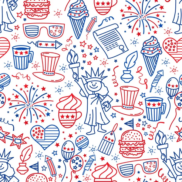 4 de Julho. Dia da independência dos EUA fundo sem costura.Mão desenhar símbolos tradicionais dos Estados Unidos. Doodle estilo ilustração vetorial —  Vetores de Stock