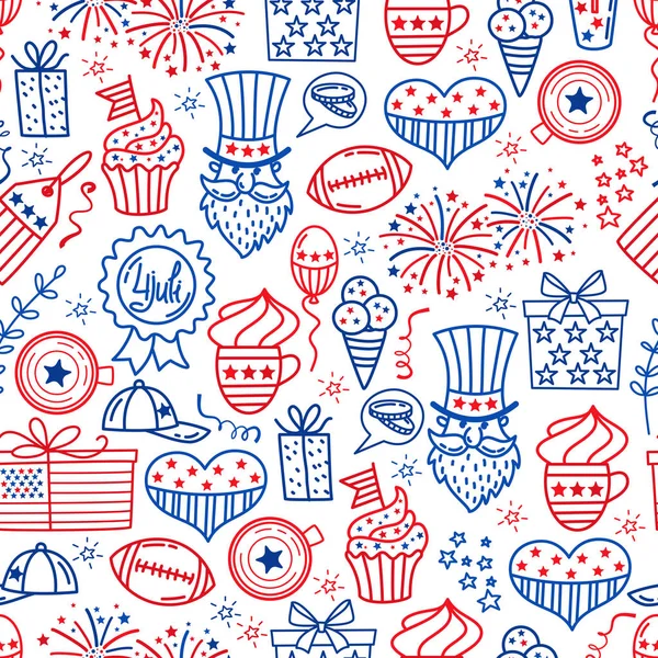 4 de Julho. Dia da independência dos EUA fundo sem costura.Mão desenhar símbolos tradicionais dos Estados Unidos. Doodle estilo ilustração vetorial —  Vetores de Stock