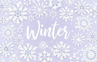 Kış satış teklifi. Satış metni ve 3d kağıt ile kar yağışı çerçeve perakende sezonluk promosyon için mavi arka plan üzerinde kar gevreği kesti. Noel mevsimlik afiş tasarımı. Yeni Yıl vektör illüstrasyon.