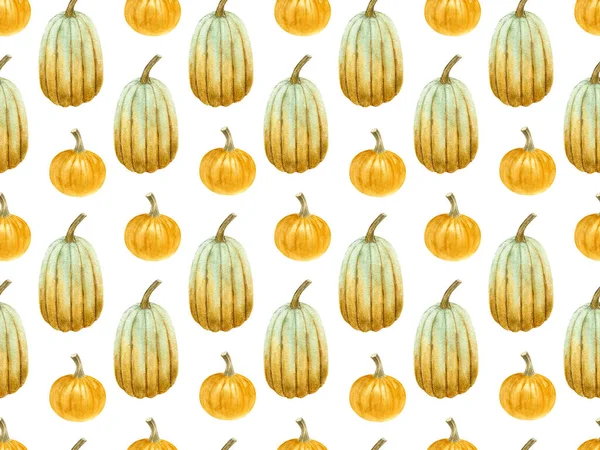 Gelbe Kürbis nahtlose Muster auf isolierten weißen Hintergrund. Herbst Bauernhof Gemüse Illustration. herbstferien halloween planer dekoration. — Stockfoto