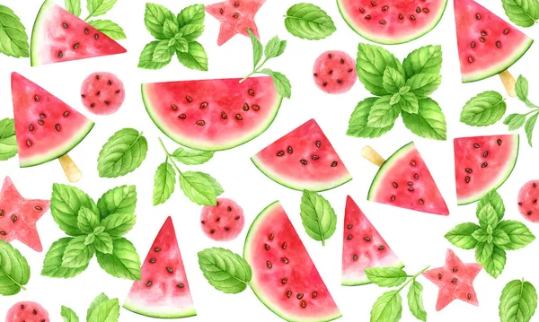 Watermelon slices,balls,stars and mint leaves.Fresh fruits and herbs isolated on white.Top view,flat lay.Summer party cocktail,smoothie,refreshing drinks background.Watercolor illustration. — Stock Photo, Image