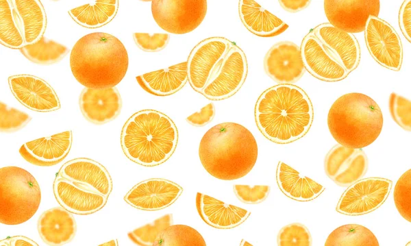 Oranje vruchten geheel, half, plak, gesneden op witte naadloze achtergrond.Bovenaanzicht, zijaanzicht exotische citrus. Halthy voedsel digitale clip art.Aquarel illustratie. — Stockfoto