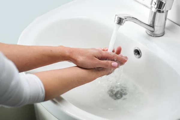 Woman Use Soap Washing Hands Water Tap Cleaning Hands Hygiene — Stock Photo, Image