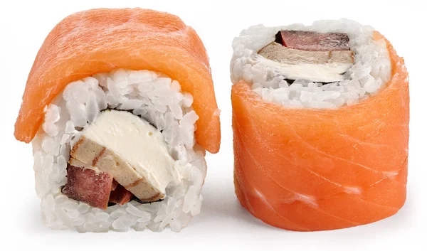 Rolo Sushi Com Salmão Atum Omelete Japonês Queijo Filadélfia Sobre Imagem De Stock