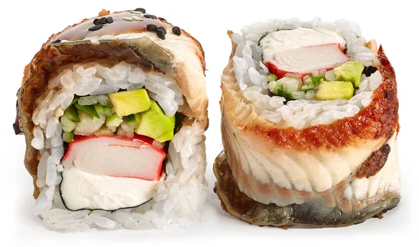 Sushi Com Enguia Defumada Camarão Queijo Filadélfia Pepino Abacate Gergelim Fotografias De Stock Royalty-Free
