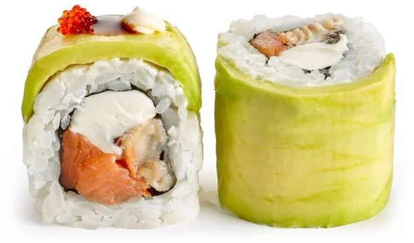 Rolo Sushi Com Abacate Salmão Enguia Queijo Filadélfia Fundo Branco Fotografia De Stock