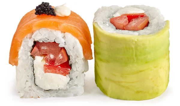 Rolo Sushi Com Abacate Salmão Páprica Queijo Filadélfia Fundo Branco Imagem De Stock