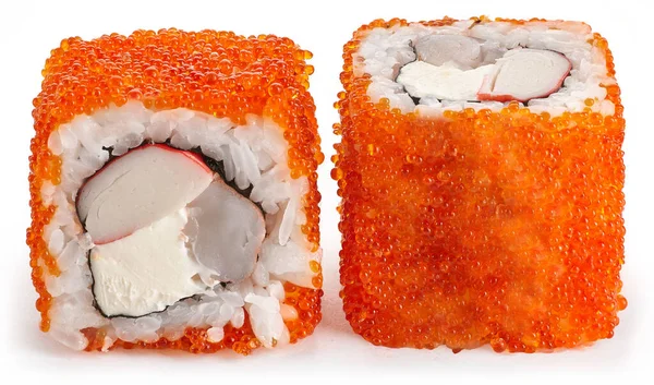 Rolo Sushi Com Camarão Caviar Masago Queijo Filadélfia Fundo Branco Imagem De Stock