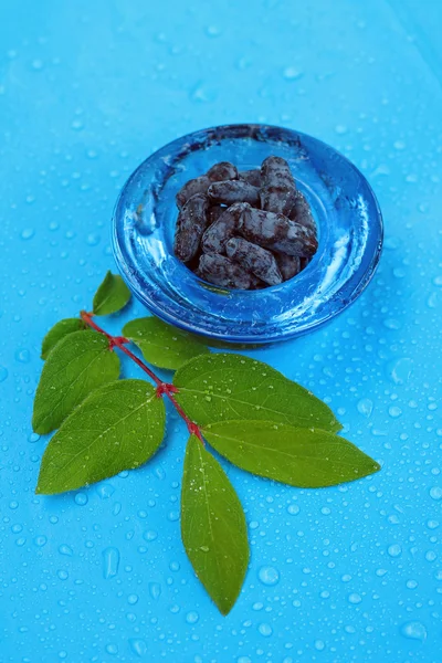Ripe honeysuckle berries on wet background — Stock Photo, Image