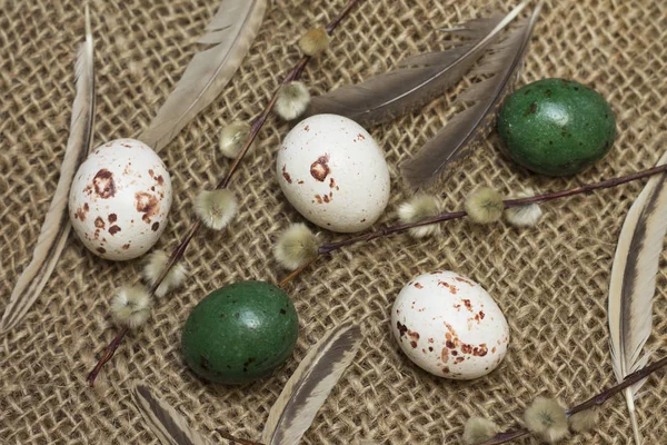 Páscoa. Doces de chocolate em forma de ovos de codorna coloridos — Fotografia de Stock