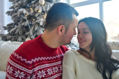 Çift Noel ağacını çelenklerle süslüyor. Seksi esmer ve Noel ağacının önündeki adam.