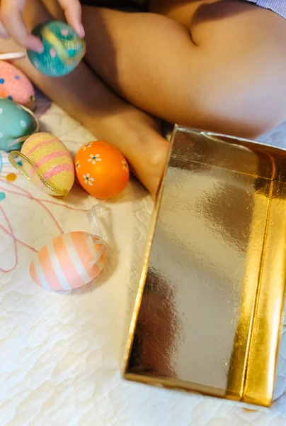 Close Little Girl Playing Easter Eggs Legs Section — Stock Photo, Image